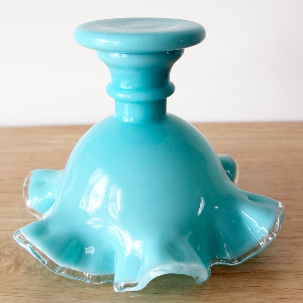 Vintage Fenton Silver Turquoise Crest Crimped Compote MCM Pedestal Bowl - Picture 12 of 16